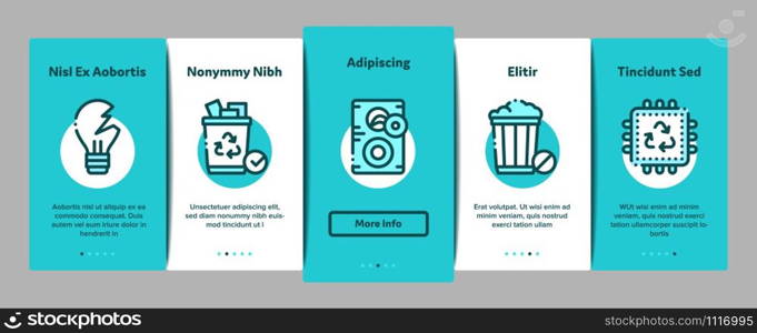 Electrical Waste Tools Onboarding Mobile App Page Screen. Broken Electrical Cord And Battery, Phone And Earphones, Dynamic And Laptop Concept Illustrations. Electrical Waste Tools Onboarding Elements Icons Set Vector