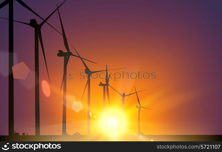 Electrical windmill generators over Sunset. Vector Illustration.