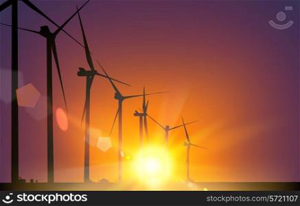 Electrical windmill generators over Sunset. Vector Illustration.
