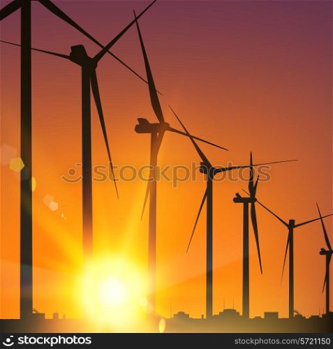 Electrical windmill generators over Sunset. Vector Illustration.