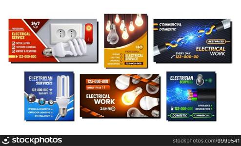 Electrical Work Promotional Posters Set Vector. Electrical Service And Maintenance For Installation Socket, Fixing And Connecting Damaged Cables Advertising Banners. Style Concept Layout Illustrations. Electrical Work Promotional Posters Set Vector