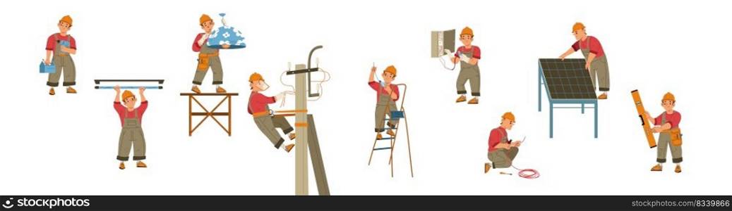 Electrician at work flat illustration set on white. Vector design of male character in protective helmet, uniform changing light bulb, installing solar panel, repairing wires on l&post, using tools. Electrician at work flat illustration set on white