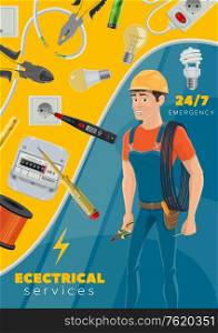 Electrician emergency service or electric repairman profession with electricity repair tools. Vector electric power wires and cables, plug socket voltage tester tool, electrician man and lamp bulb. Electricity repair, electrician service tools