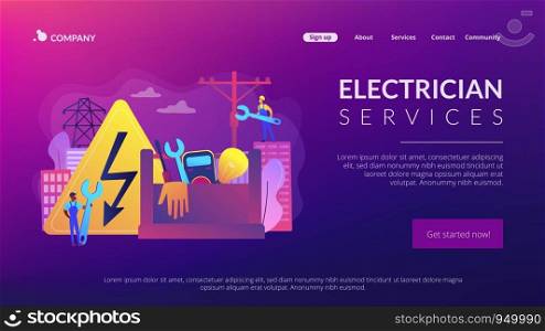 Electrician engineer, technician with wrench. Electrician services, electrical service professionals, best electricians in your area concept. Website homepage landing web page template.. Electrician services concept landing page