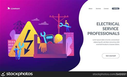 Electrician engineer, technician with wrench. Electrician services, electrical service professionals, best electricians in your area concept. Website homepage landing web page template.. Electrician services concept landing page