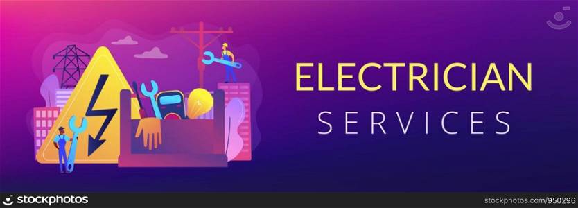 Electrician engineer, technician with wrench. Electrician services, electrical service professionals, best electricians in your area concept. Header or footer banner template with copy space.. Electrician services concept banner header