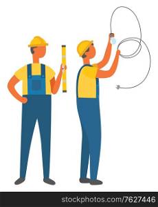 Electrician holding light bulb with tube, construction worker with ruler. Repairman wearing helmet and uniform, builder and electric occupation vector. Flat cartoon. Electric Occupation, Electrician with Tube Vector