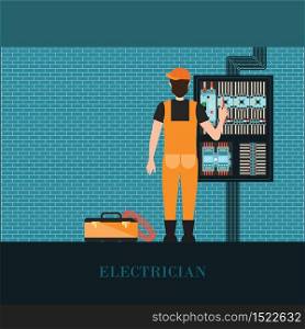 Electrician holding Measuring the power screwdriver with Electrical control wire system, Supply of electricity, vector illustration.