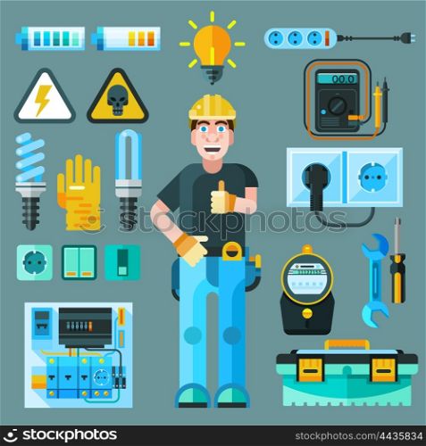 Electrician Icons Set. Electrician icons set with electricity and energy symbols flat isolated vector illustration