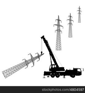 Electrician, making repairs at a power pole. Vector illustration.