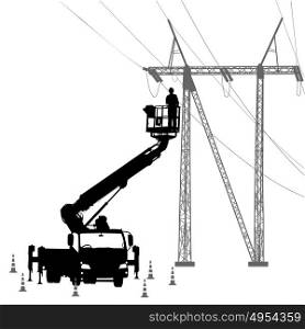 Electrician, making repairs at a power pole. Vector illustration. Electrician, making repairs at a power pole. Vector illustration.