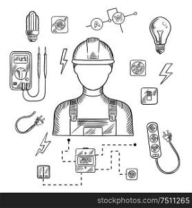 Electrician man in hard hat with electrical household supplies, electric tools and equipments symbols on dark blue background for profession or industry design. Vector sketch illustration. Professional electrician with tools and equipment