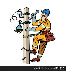 electrician on the power pole. Pop art retro vector illustration drawing. electrician on the power pole