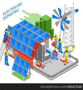 Electrician People Isometric Composition. Colored 3d electrician people isometric composition people are doing their job installation of solar panels vector illustration