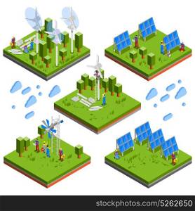 Electrician People Isometric Composition. Square isometric landscape compositions set with electricians assembling solar batteries windmachines and environmental friendly energy sources vector illustration