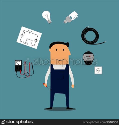 Electrician profession concept with worker encircled by energy saving and light bulbs, plug and socket, electricity meter and circuit breaker, multimeter. Electrician worker mwith devices and tools