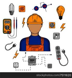 Electrician profession icons with electric man in yellow hard hat, electrical household supplies, electric tools and equipments symbols. For industrial design usage. Electrician man, tools and equipment