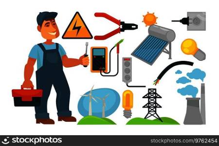 Electrician profession infographics poster template. Electric engineer or electricity repairman worker with work tools&ermeter, screwdriver and voltmeter Vector flat illustration. Electrician profession infographics poster template.