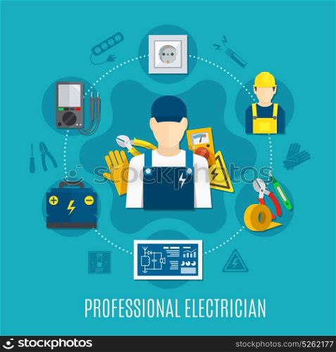 Electrician Round Composition. Electrician round composition with voltmeter and work tools, plug socket, electrical circuit on blue background vector illustration