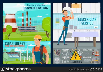 Electrician service, house electric repair tools and power plants. Vector energy generation windmills, hydroelectric energy production power station, electric wires, light switcher and voltage tester. Electricity repairman, power generation plants