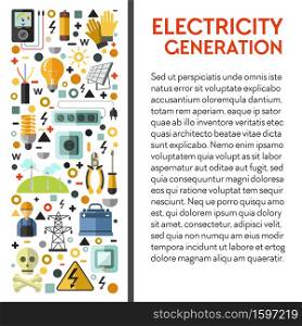 Electrician tools, electricity energy generation poster, equipment and solar batteries vector. Voltmeter and pliers, screwdriver and socket, switch and charger. Light bulb and rubber gloves, windmills. Electricity generation poster, electrician tools and energy generation