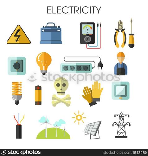 Electrician tools electricity power and energy generation equipment and solar batteries vector voltmeter and pliers screwdriver and socket switch and charger light bulb and rubber gloves windmills. Electricity isolated icons energy generation equipment electrician tools