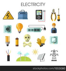 Electrician tools electricity power and energy generation equipment and solar batteries vector voltmeter and pliers screwdriver and socket switch and charger light bulb and rubber gloves windmills. Electricity isolated icons energy generation equipment electrician tools