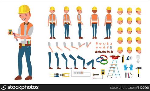 Electrician Vector. Animated Character Creation Set. Electronic Tools And Equipment. Full Length, Front, Side, Back View, Accessories, Poses, Face Emotion, Gestures. Isolated Flat Cartoon Illustration. Electrician Vector. Animated Character Creation Set. Electronic Tools And Equipment. Full Length, Front, Side, Back View, Accessories, Poses, Face Emotion Gestures Isolated Cartoon Illustration