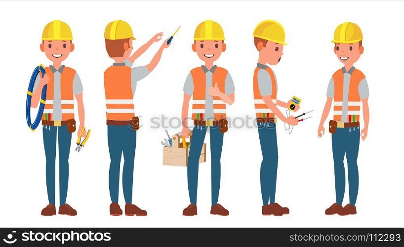Electrician Vector. Different Poses. Working Process. Flat Cartoon Illustration. Classic Electrician Vector. Different Poses. Working Man. Isolated Flat Cartoon Character Illustration
