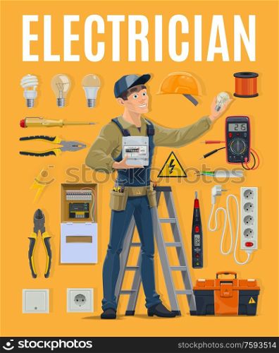 Electrician with work tools and electrical equipment toolbox. Electric power industry profession, engineer or wireman in uniform hold electricity lamp and meter, tester, toolbox vector illustration. Electrician with work equipment, toolbox and tools