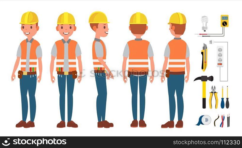 Electrician Worker Male Vector. Makes Electrical Equipment. Different Poses. Cartoon Character Illustration. Professional Electrician Vector. Different Poses. Performing Electrical Work. Isolated On White Cartoon Character Illustration