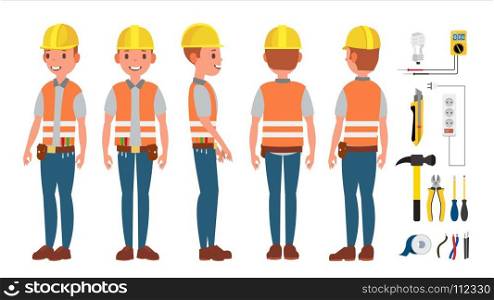 Electrician Worker Male Vector. Makes Electrical Equipment. Different Poses. Cartoon Character Illustration. Professional Electrician Vector. Different Poses. Performing Electrical Work. Isolated On White Cartoon Character Illustration