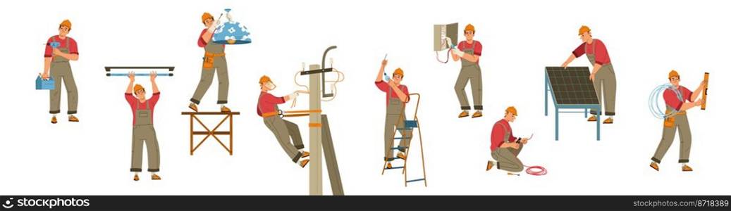 Electrician worker with tools, ladder and wires doing maintenance works isolated on white background. Repair service technician, engineer of electricity job. Cartoon linear flat vector illustration. Electrician worker with tools, ladder and wires