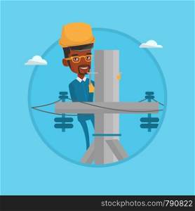 Electrician working on electric power pole. Electrician at work on electric power pole. Electrician repairing electric power pole. Vector flat design illustration in the circle isolated on background.. Electrician working on electric power pole.