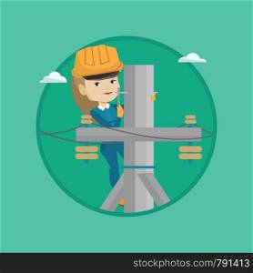 Electrician working on electric power pole. Electrician at work on electric power pole. Electrician repairing electric power pole. Vector flat design illustration in the circle isolated on background.. Electrician working on electric power pole.