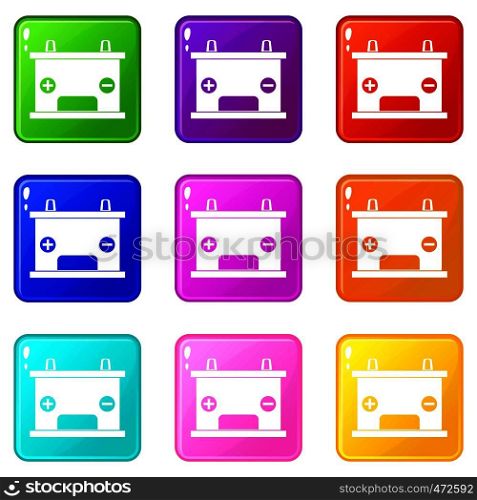 Electricity accumulator battery icons of 9 color set isolated vector illustration. Electricity accumulator battery icons 9 set