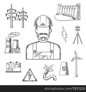 Electricity and power industry icons sketches with electric stations of heat, hydro and wind energy, nuclear power plant, power lines and pylon, battery and warning sign with electrician in a helmet. Electricity and power industry icons sketches