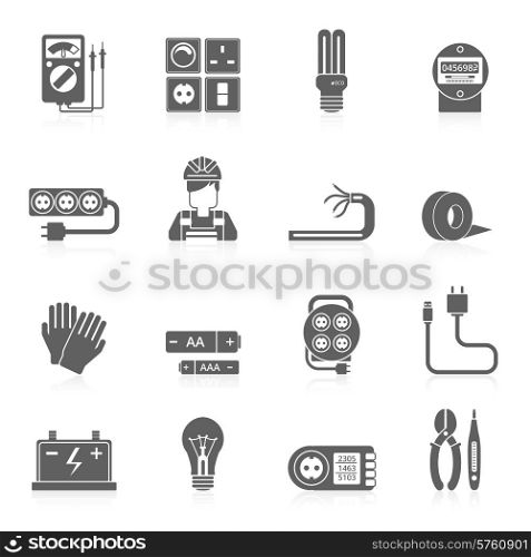 Electricity black icons set with wire cable line voltage tester isolated vector illustration. Electricity Icons Set