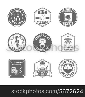 Electricity black label set electrical services high voltage isolated vector illustration