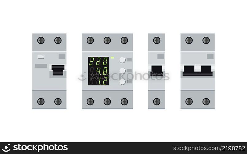 Electricity circuit breakers protecting against overloads in the electrical network. Set of circuit breakers.. Set of circuit breakers for electrical network.
