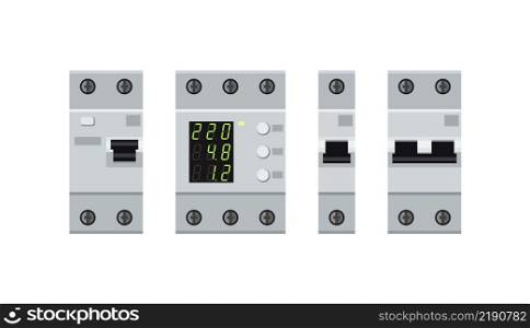 Electricity circuit breakers protecting against overloads in the electrical network. Set of circuit breakers.. Set of circuit breakers for electrical network.