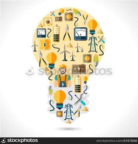 Electricity concept with energy and power generation symbols in lightbulb shape flat vector illustration