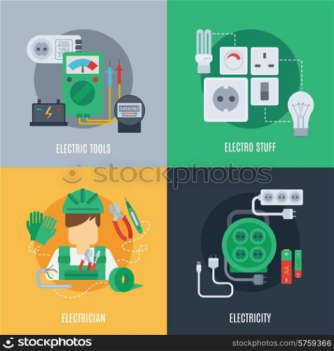 Electricity design concept set with electric tools electrician stuff flat icons isolated vector illustration. Electricity Flat Icons