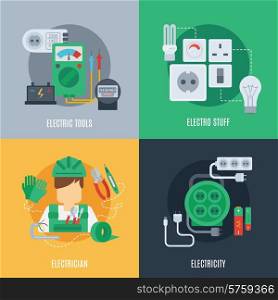 Electricity design concept set with electric tools electrician stuff flat icons isolated vector illustration. Electricity Flat Icons