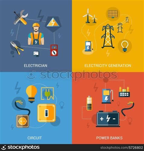 Electricity design concept set with electrician generation circuit power banks flat icons isolated vector illustration