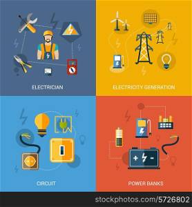 Electricity design concept set with electrician generation circuit power banks flat icons isolated vector illustration