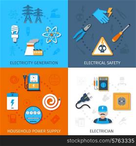 Electricity design concept set with generation electrical safety household power supply electrician flat icons isolated vector illustration
