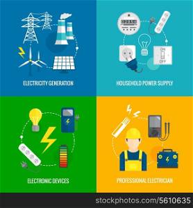Electricity energy concept flat business icons set of household power professional electrician for infographics design web elements vector illustration