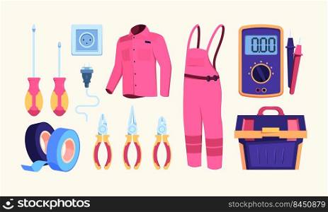 Electricity equipment. Voltage meters screwdrivers wires for engineers power voltage digital items garish vector flat templates collection. Illustration of electric equipment. Electricity equipment. Voltage meters screwdrivers wires for engineers power voltage digital items garish vector flat templates collection