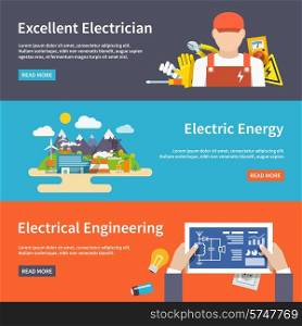 Electricity flat horizontal banner set with electrician energy engeneering elements isolated vector illustration